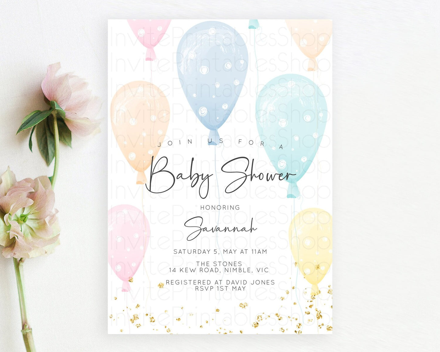 Editable Pastel Rainbow Balloon Baby Shower Invitation, Balloon Invitation,