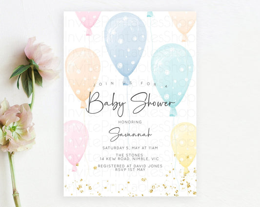 Editable Pastel Rainbow Balloon Baby Shower Invitation, Balloon Invitation,
