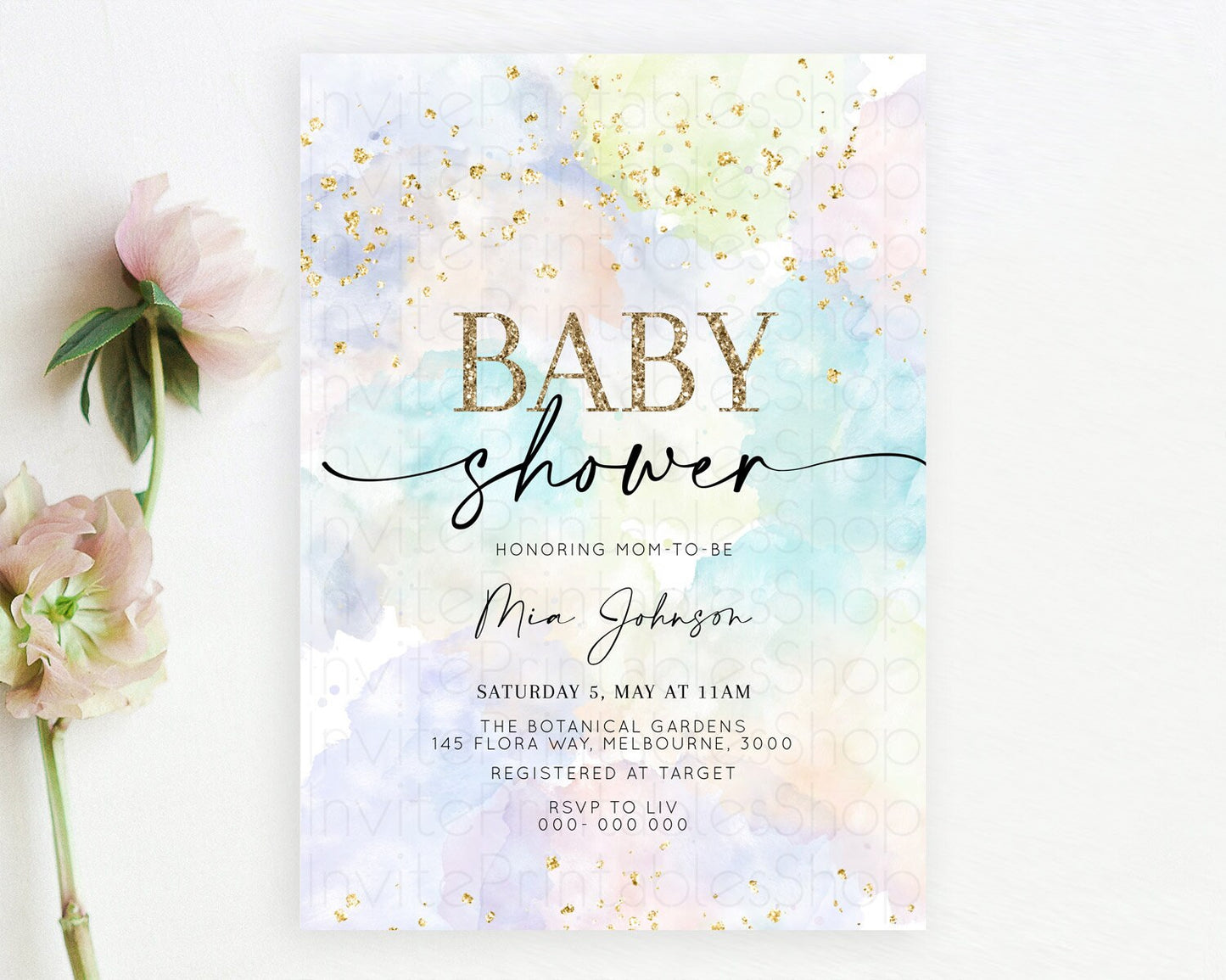 Pastel Baby Shower Invitation Rainbow Baby Shower Invitation Colorful Pastel Watercolor Invitation Gold Glitter Sprinkles Ombre D10613