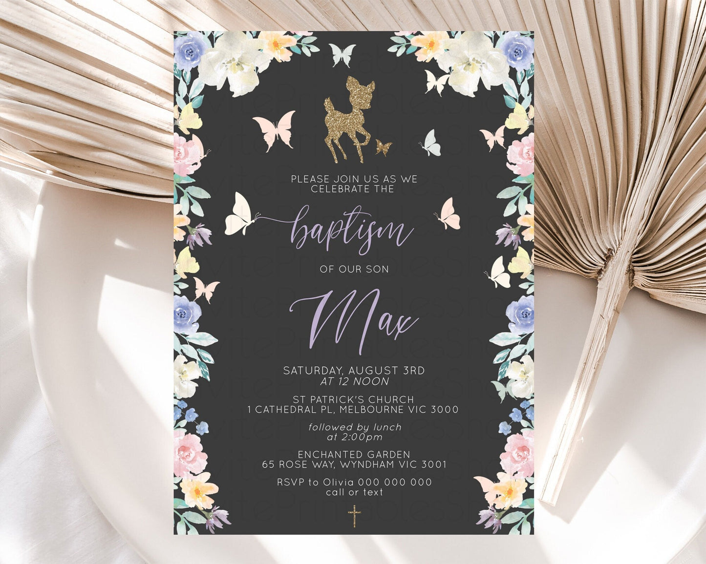 Fawn Baptism Invitation Deer Baptism 1st Birthday Invitation Enchanted Forest Christening Invitation Pastel Garden Butterfly Floral D10323