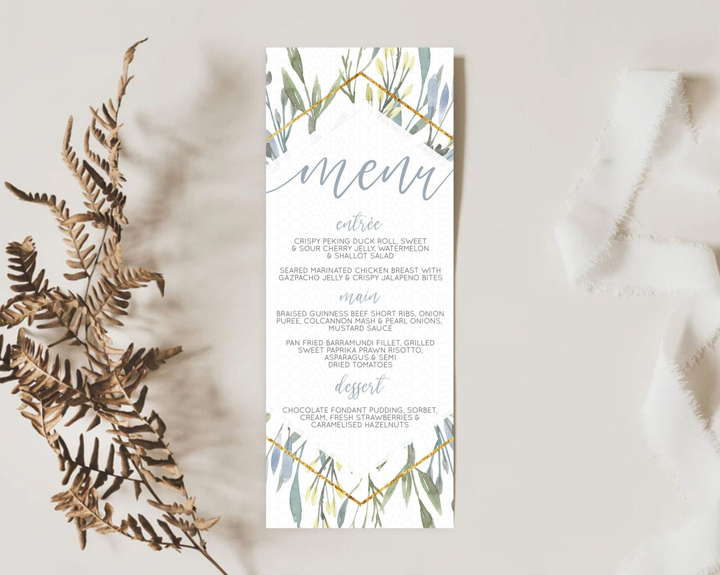 Leafy Menu Green Leaf Menu Template Eucalyptus Fern Leaves Decor Watercolor Boho Garden Leaf Branch Dinner Dessert Party Food Menu D10532
