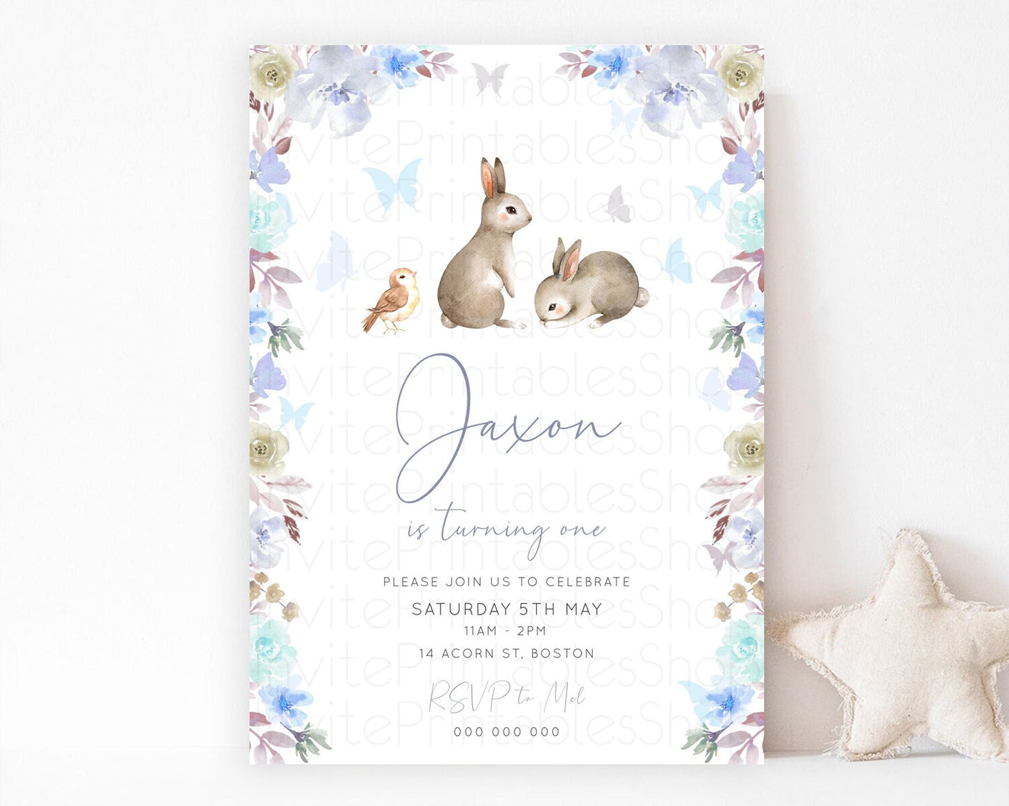 Bunny Birthday Invitation Floral Bunny Invitation Pastel Bunny Invites Pastel Watercolor Woodland Bunny Party 2nd 1st First Birthday D10927