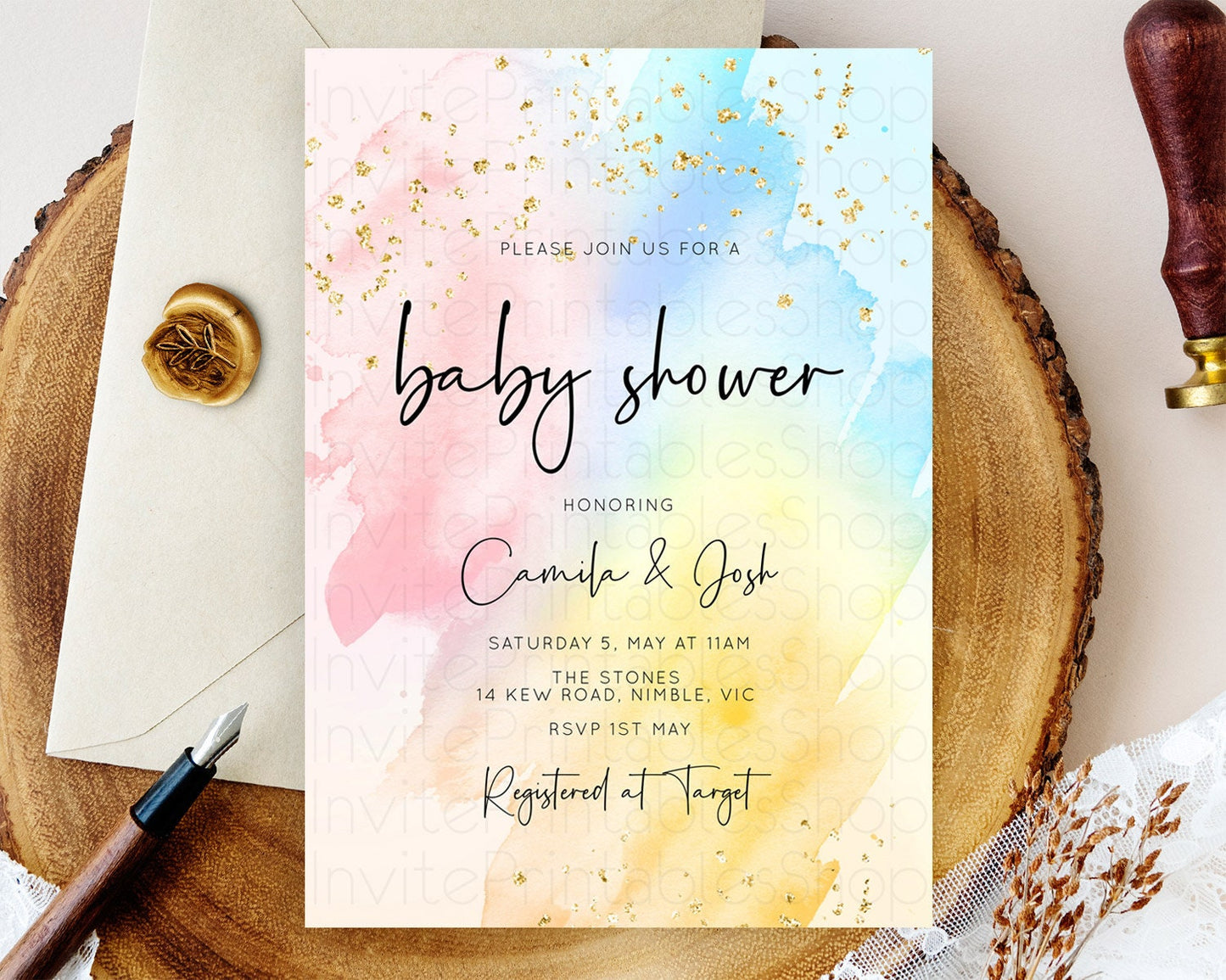 Pastel Baby Shower Invitation Rainbow Baby Shower Invitation Colorful Pastel Watercolor Invitation Gold Glitter Sprinkles Ombre D10557