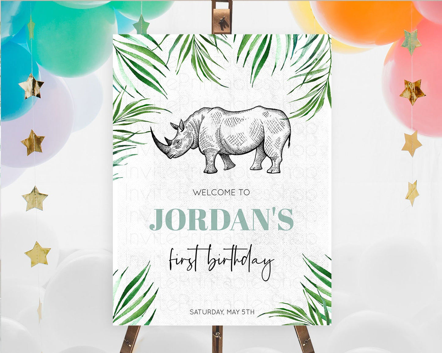 Rhino Welcome Sign Rhino Welcome Board Rhino Welcome Poster Dried Palm Fern Safari Party Decor Rhino First Birthday Welcome Sign D10848