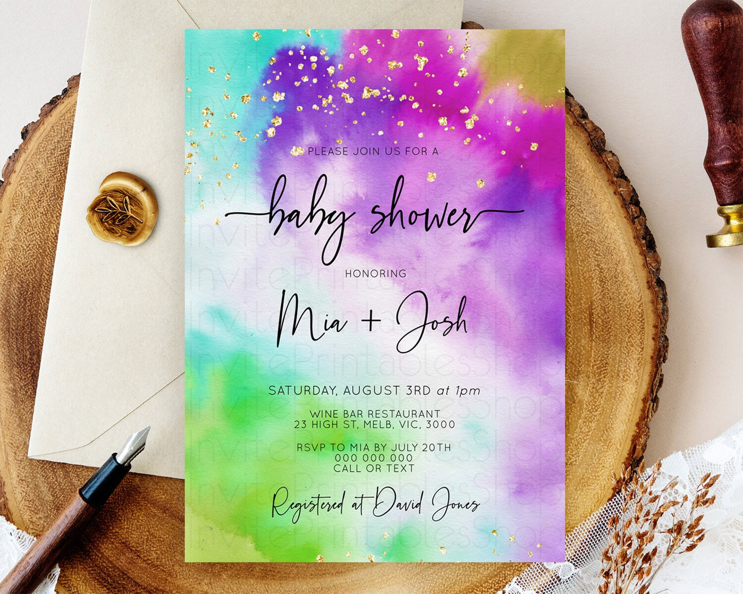 Pastel Baby Shower Invitation Rainbow Baby Shower Invitation Colorful Pastel Watercolor Invitation Gold Glitter Sprinkles Ombre D10536