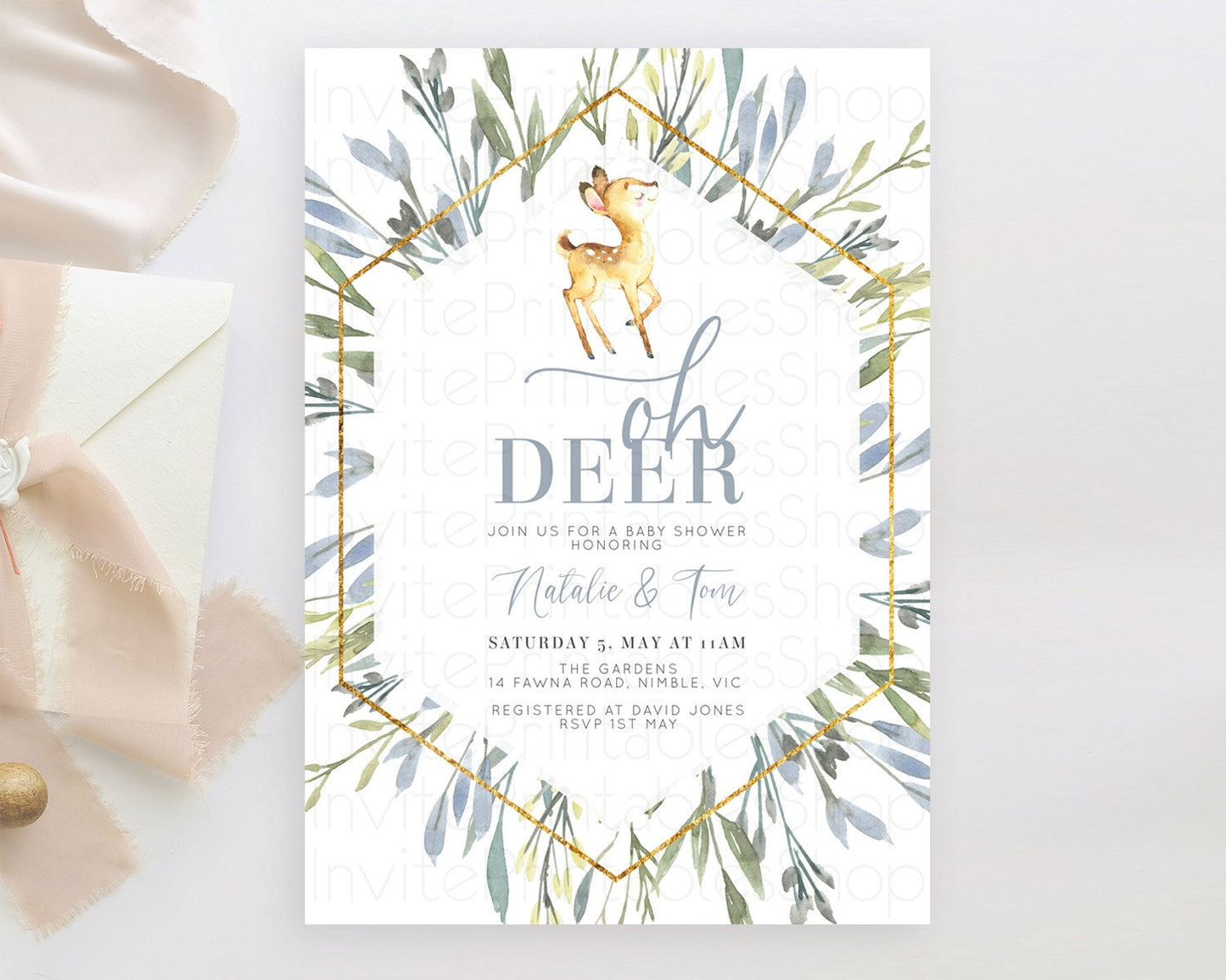 Fawn Baby Shower Invitation Deer Baby Shower Invites Enchanted Forest Theme Butterfly Pastel Flowers Whimsical Baby Shower D10400