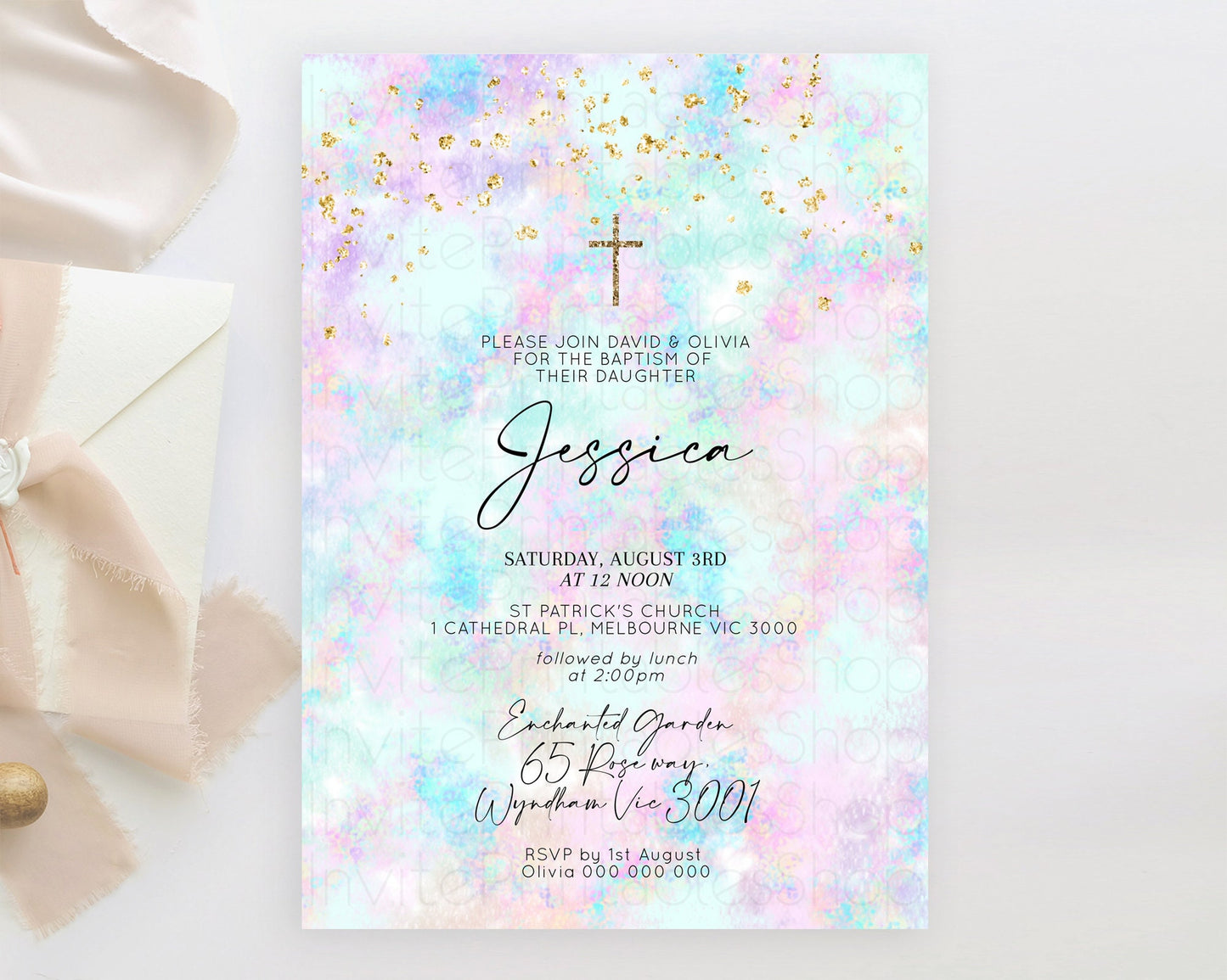 Pastel Baptism Invitation Pastel Colors Watercolor Baptism 1st Birthday Party Gold Ombre Pastel Rainbow Christening Holy Communion D10652