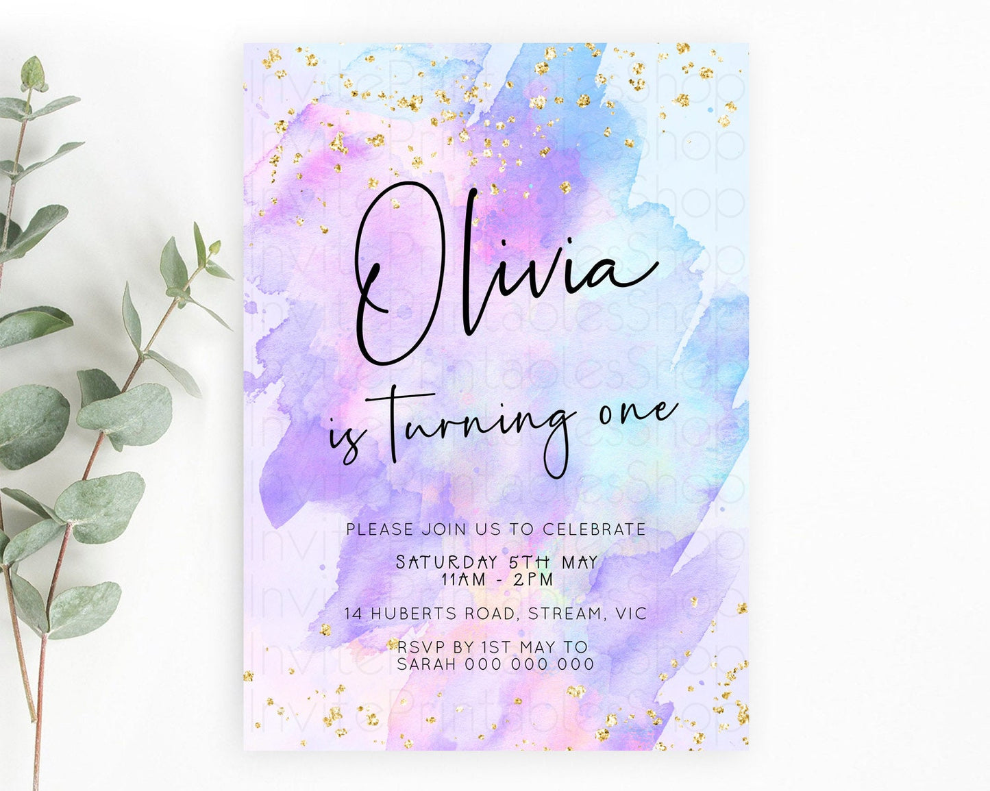 Pastel Birthday Invitation Ombre Watercolor Birthday Invitation Glitter Rainbow Color Splash 1st 2nd 3rd Birthday Invitation D23065