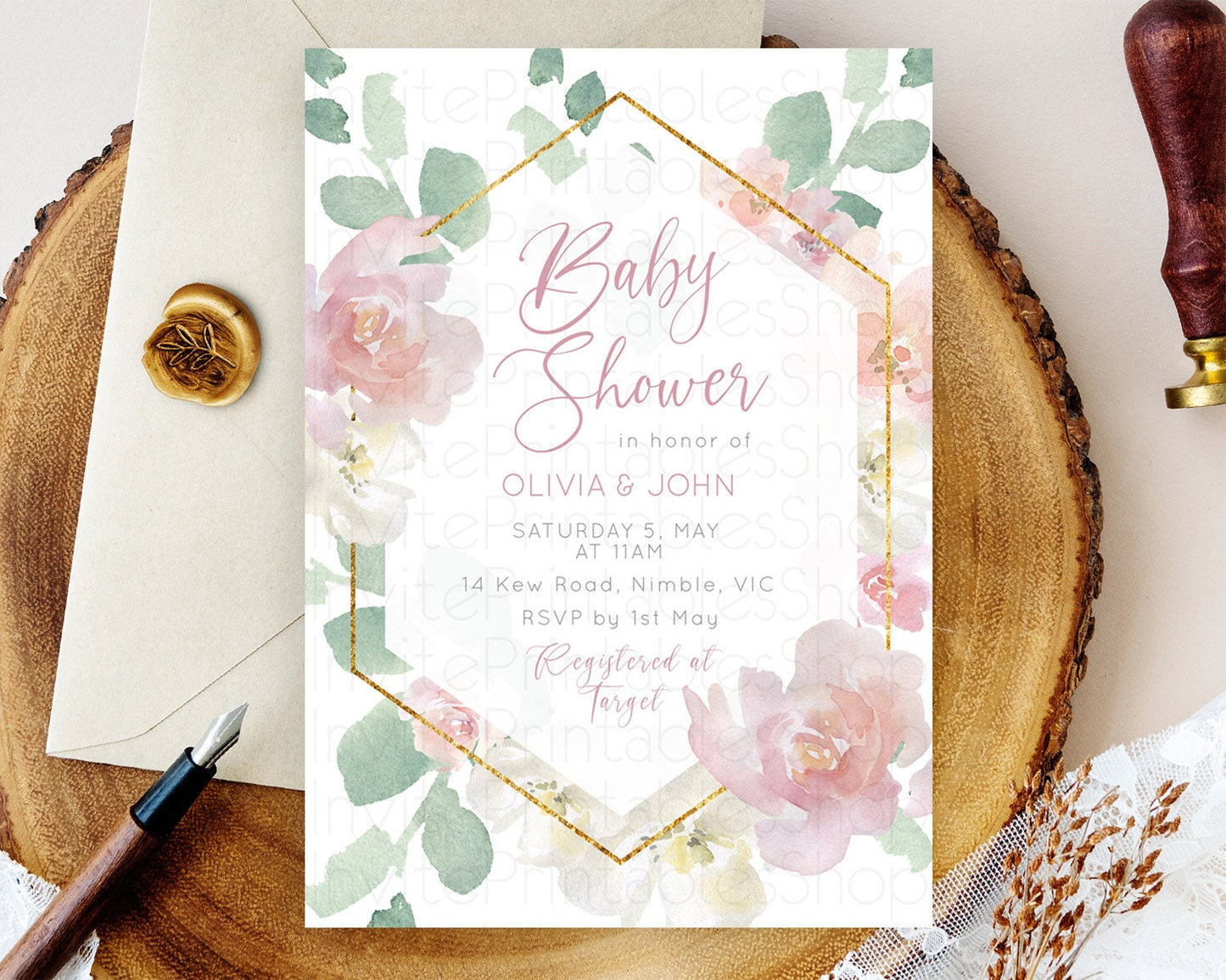 Enchanted Garden Baby Shower Invitation, Wildflower, Blooms with Pastel Pink Flowers, Elegant Gold Accents - Floral Botanical Theme D11032