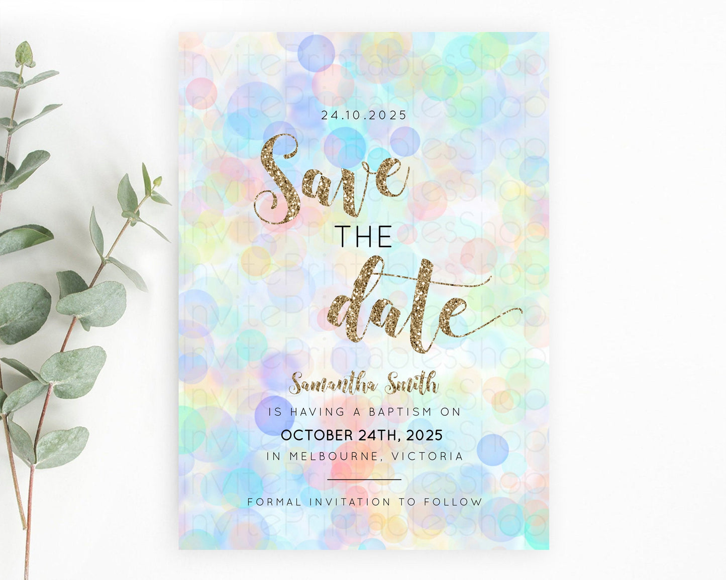 Pastel Bubbles Save The Date Template Bubble Bath Party Rainbow Colorful Confetti Sprinkles 1st Birthday Baby Shower Baptism Wedding D10447