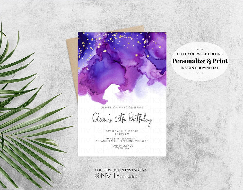 Purple Birthday Invitation Jewel Oil Acrylic Watercolor Ink Splash Gold Foil Splatter Sprinkles Water Marble Printable 30th Invite