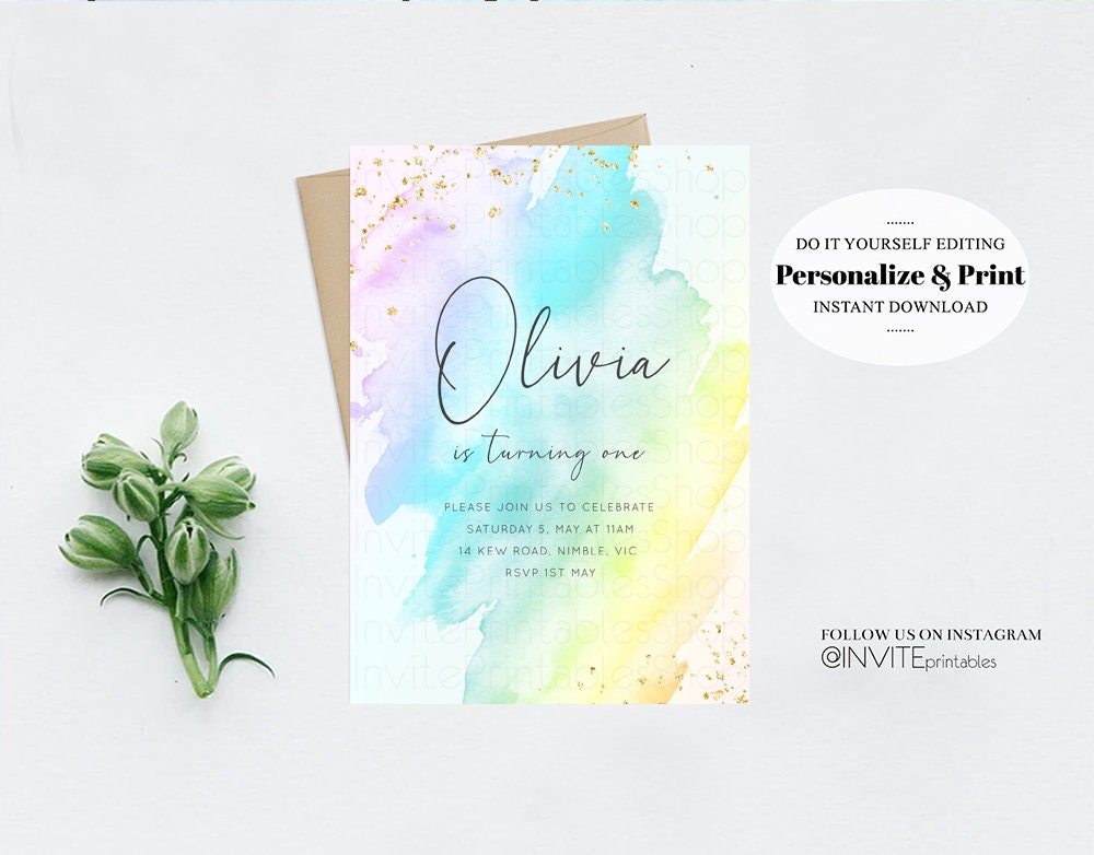 Pastel Rainbow Birthday Invitation Colorful Watercolor Splash Ombre Ink Paint Gold Foil Purple Pink Blue Custom Printable 146