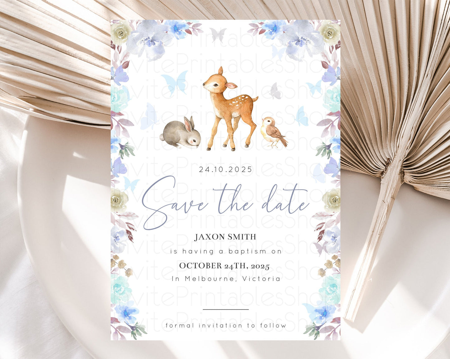 Fawn Deer Save The Date Template Pastel Floral Deer Enchanted Forest Butterfly Party 1st Birthday Baptism Baby Shower Bridal Shower D10929