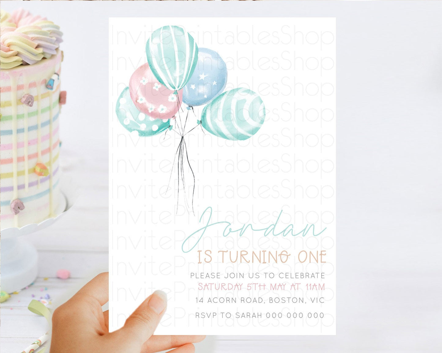 Balloon Birthday Invitation Pastel Birthday Invitation Pastel Balloon Invites Colorful Pastel Rainbow Balloon 3rd 2nd First Birthday D22997