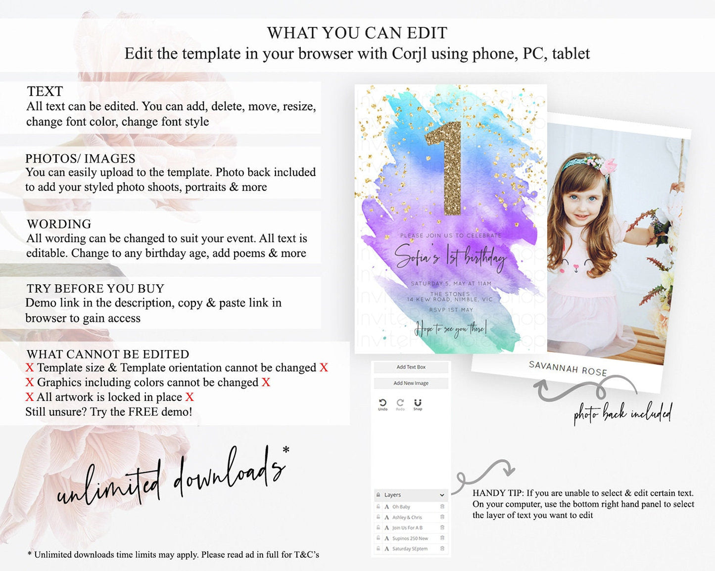 Rainbow Birthday Invitation Colorful Pastel Watercolor Invitation Gold Glitter Sprinkles Ombre Pastel 1st 2nd 3rd Birthday D10491