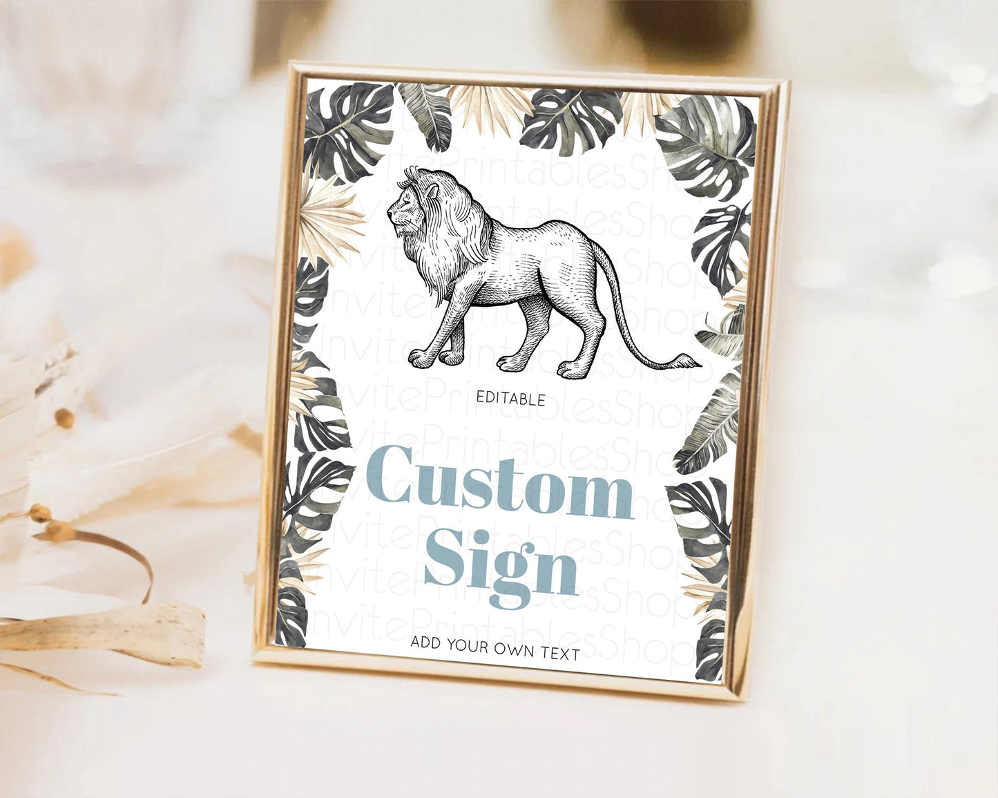 Lion Table Sign Decor Lion Safari Adventure Party Dried Palm Ferns Zoo 1st Birthday Baptism Baby Shower Bridal Shower Wedding D10807