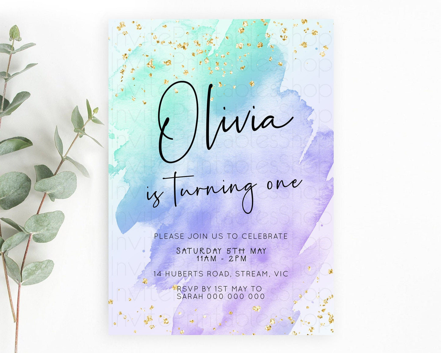 Pastel Birthday Invitation Ombre Watercolor Birthday Invitation Glitter Rainbow Color Splash 1st 2nd 3rd Birthday Invitation D23057