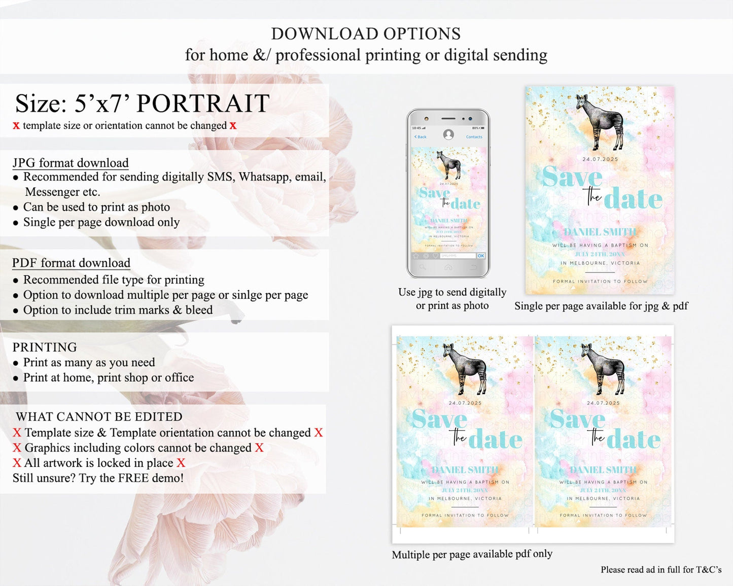 Pastel Okapi Save The Date Template Rainbow Watercolor Okapi Party Save The Date Colorful Okapi Theme Birthday Baptism Baby Shower D10282