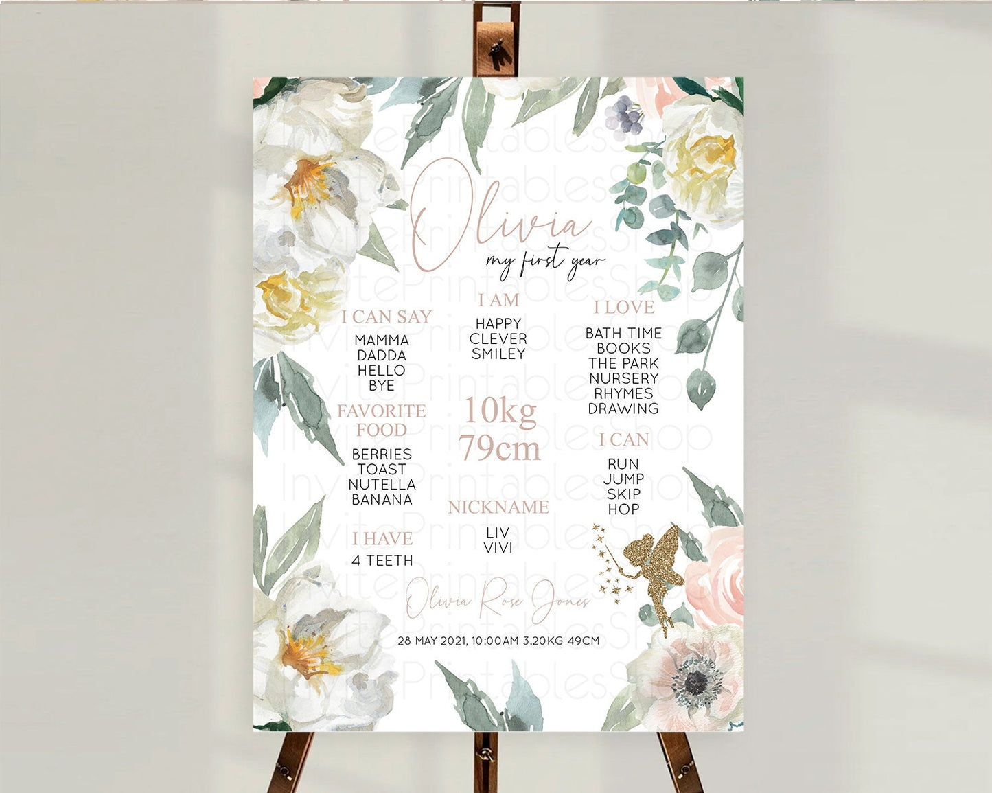 Fairy First Birthday Milestone Poster Fairy Secret Garden Milestone Board Enchanted Garden Pastel Floral Butterfly 1st Birthday Sign D10800