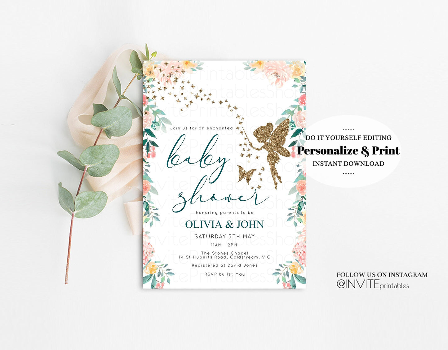 Editable Fairy Baby Shower Invitation Enchanted Baby Tinkerbell Glitter Pixi