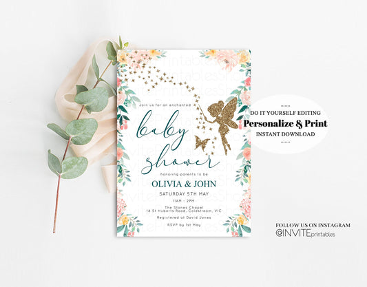 Editable Fairy Baby Shower Invitation Enchanted Baby Tinkerbell Glitter Pixi