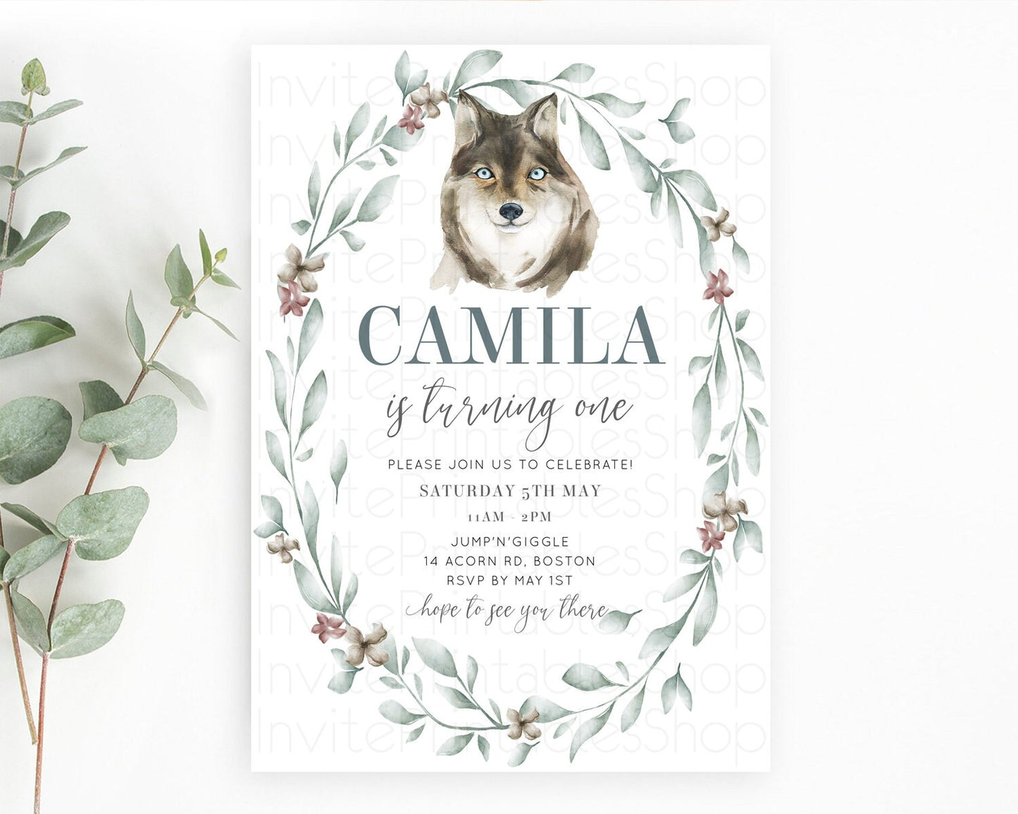 Wolf Birthday Invitation Wolf Invitation Pastel Wolf Birthday Enchanted Forest Woods Wolf Floral Invitation Howling Birthday Party 100204