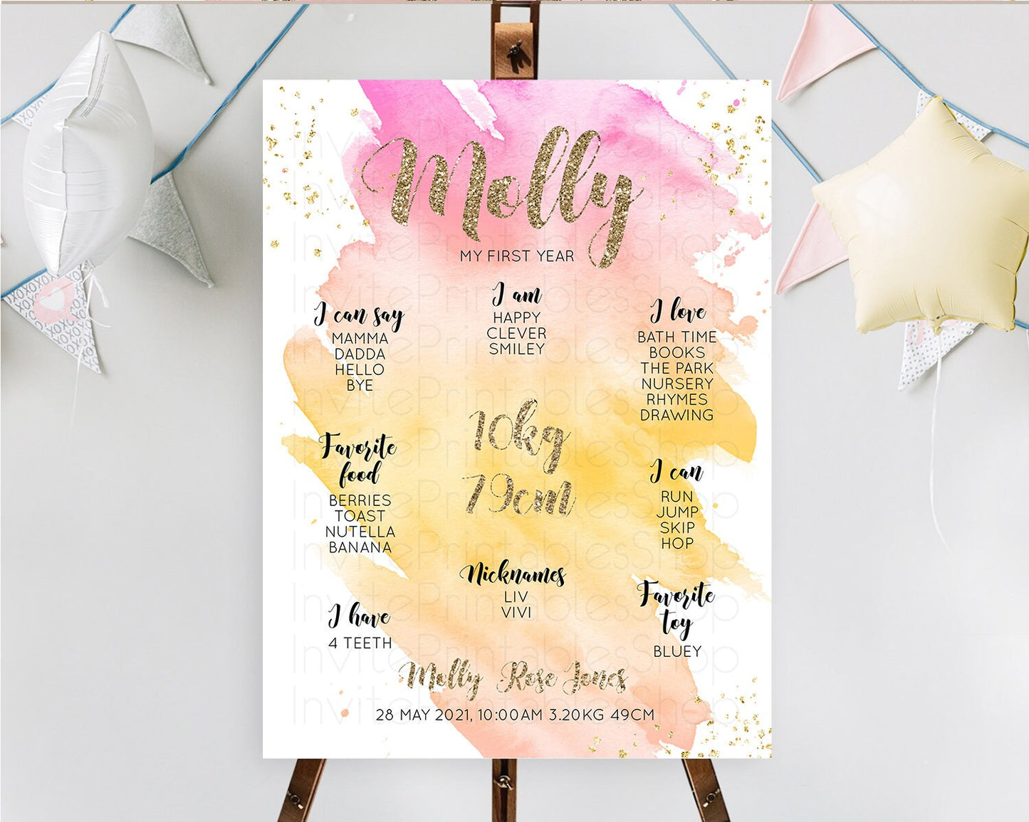 Pastel First Birthday Milestone Board Pastel Rainbow Milestone Poster Colorful Confetti Watercolor Glitter 1st Birthday Welcome Sign D10526