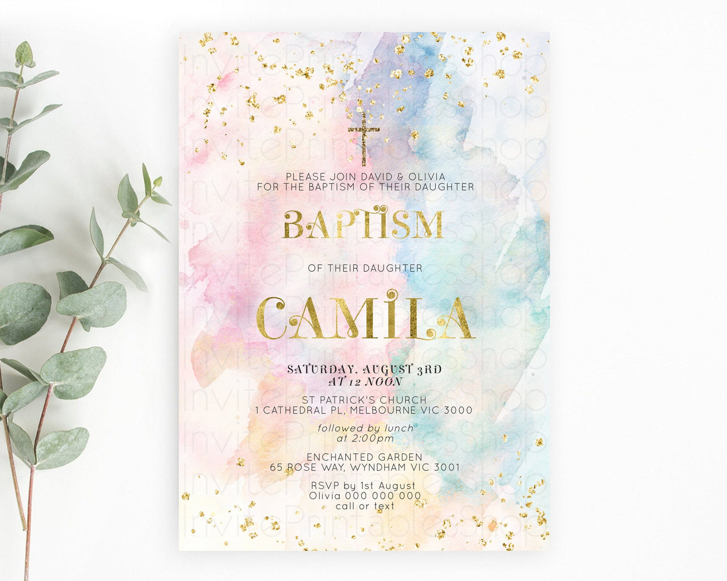 Pastel Baptism Invitation Pastel Colors Watercolor Baptism 1st Birthday Party Gold Ombre Pastel Rainbow Christening Holy Communion D10835