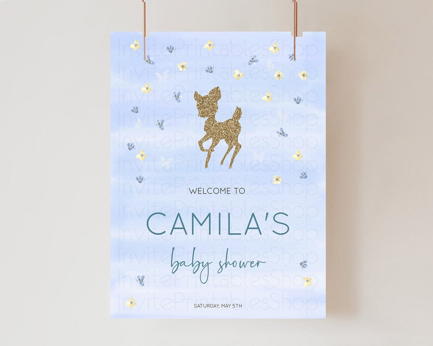 Fawn Baby Shower Welcome Sign Deer Welcome Board Floral Deer Welcome Poster Enchanted Forest Butterfly Pastel Floral Welcome Sign D10863