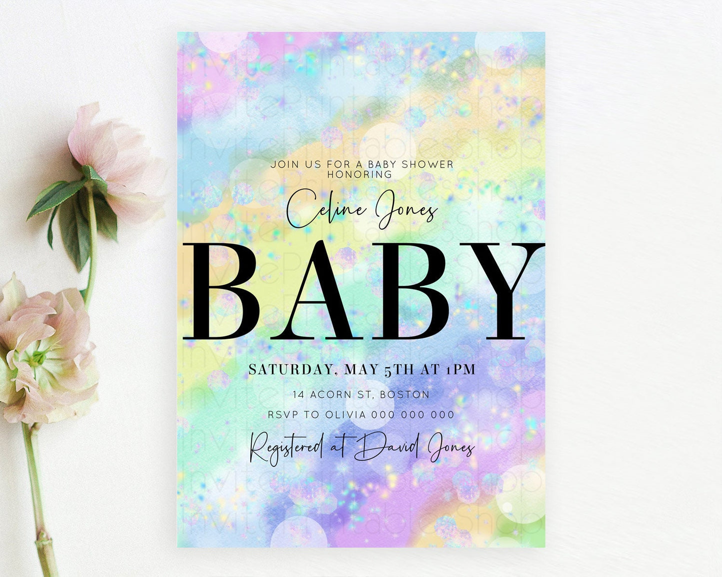 Rainbow Baby Shower Invitation Pastel Rainbow Baby Invitation Pastel Watercolor Invitation Colorful Ombre Sprinkle Shower D10689