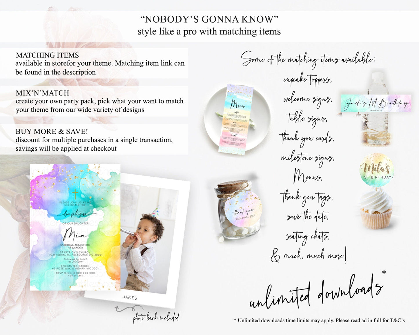 Pastel Baptism Invitation Pastel Colors Watercolor Baptism 1st Birthday Party Gold Ombre Pastel Rainbow Christening Holy Communion D10213