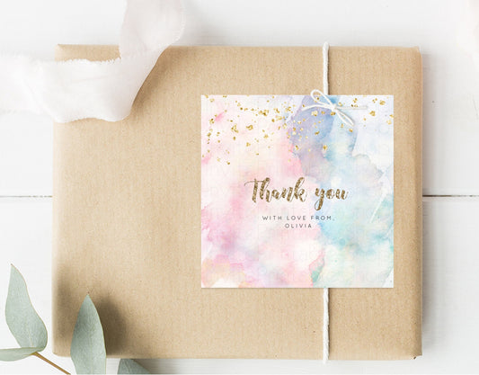 Rainbow Watercolor Gift Tags Favor Tag Bonbonniere Thank You Lolly Bag Colorful Watercolor Gold Glitter Sprinkles Ombre Pastel Colors 276