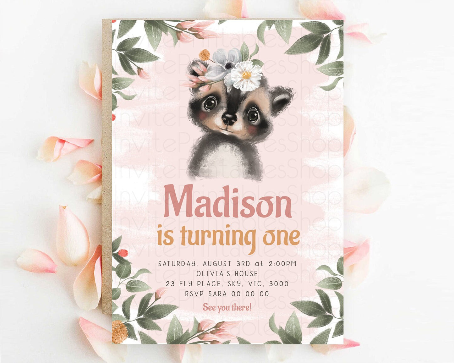 Raccoon Birthday Invitation Raccoon Invite Enchanted Forest Adventure Birthday Woodland Invitation Baby Raccoon 1st First Birthday D10632