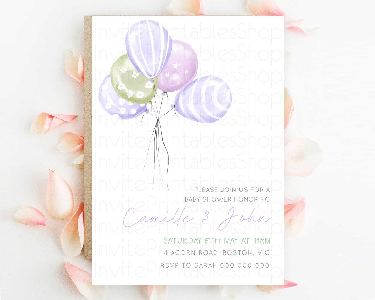 Pastel Purple Balloon Baby Shower Invitation Pastel Balloon Invitation Pastel Purple Green Invitation Balloon Baby Shower Theme d23103