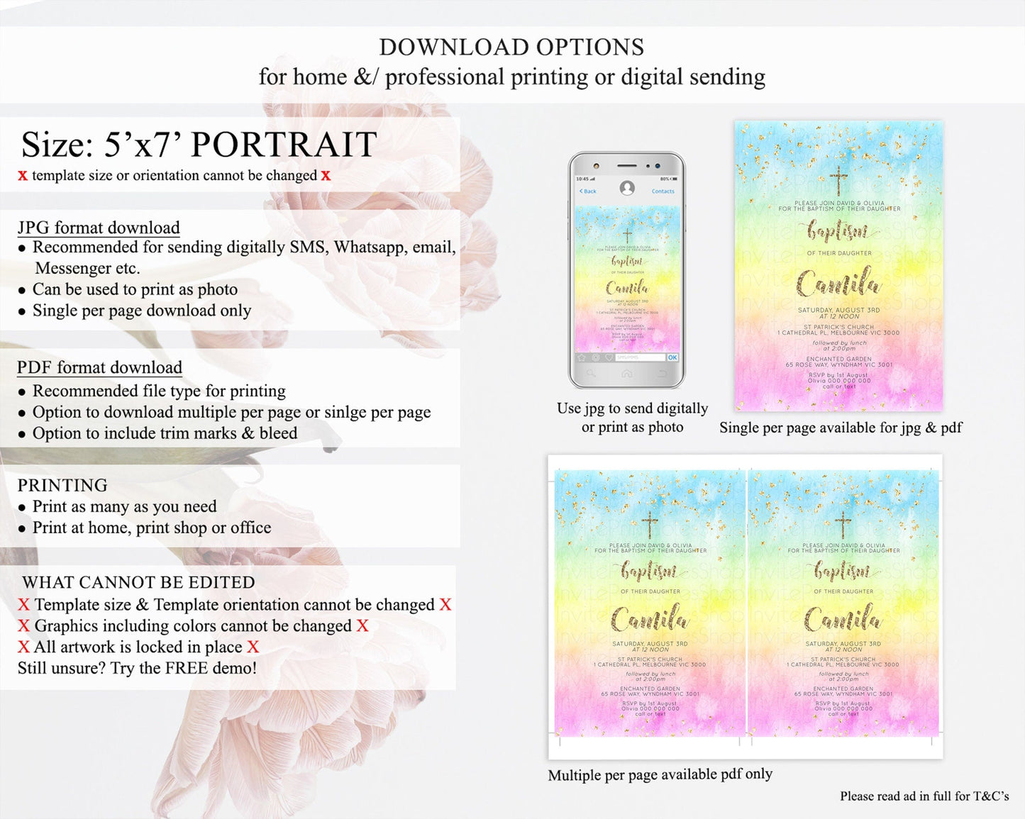 Pastel Baptism Invitation Pastel Colors Watercolor Baptism 1st Birthday Party Gold Ombre Pastel Rainbow Christening Holy Communion D10479