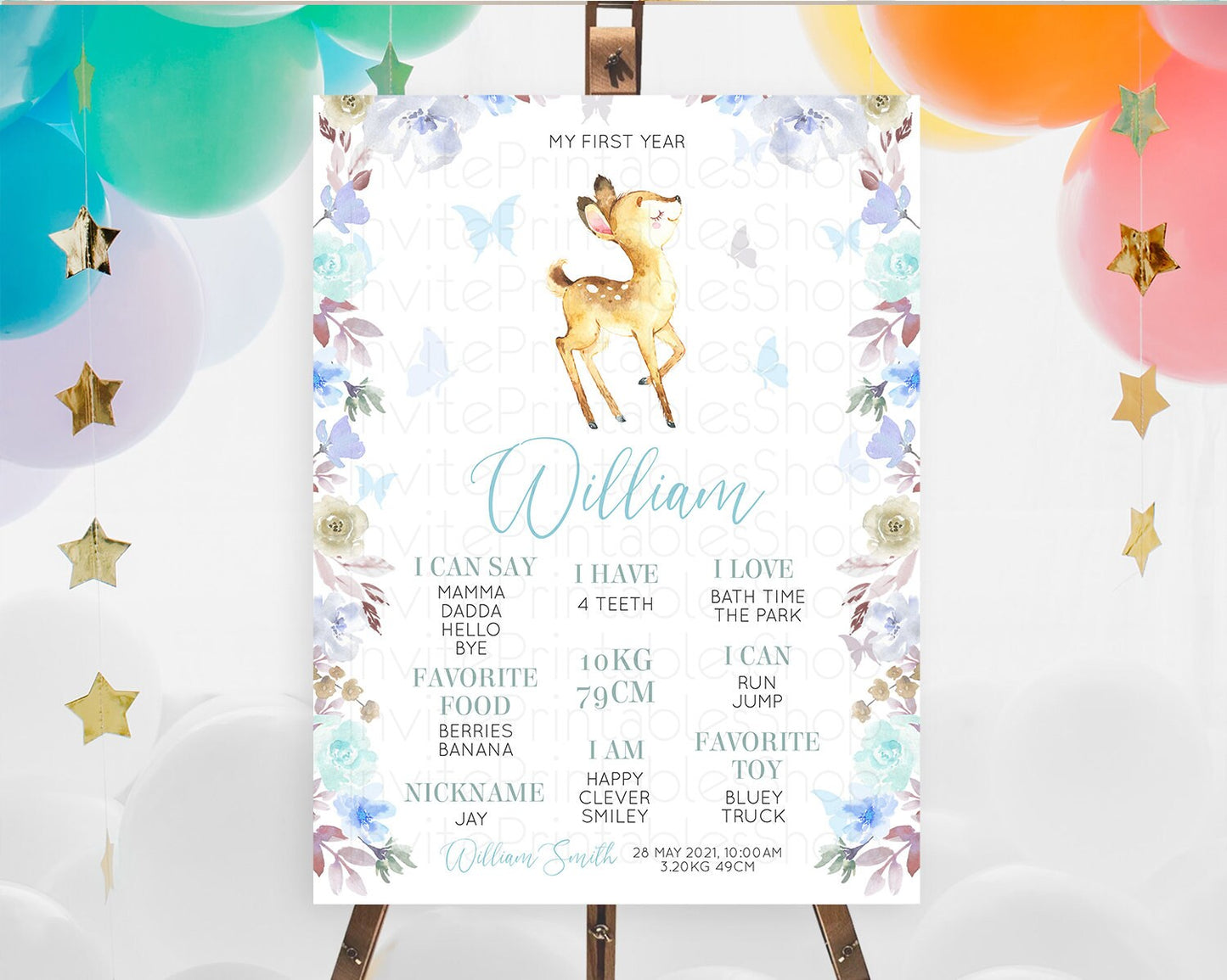 Fawn First Birthday Milestone Board Deer First Birthday Milestone Poster Enchanted Forest Butterfly Pastel Flowers 1st Birthday Sign D10960