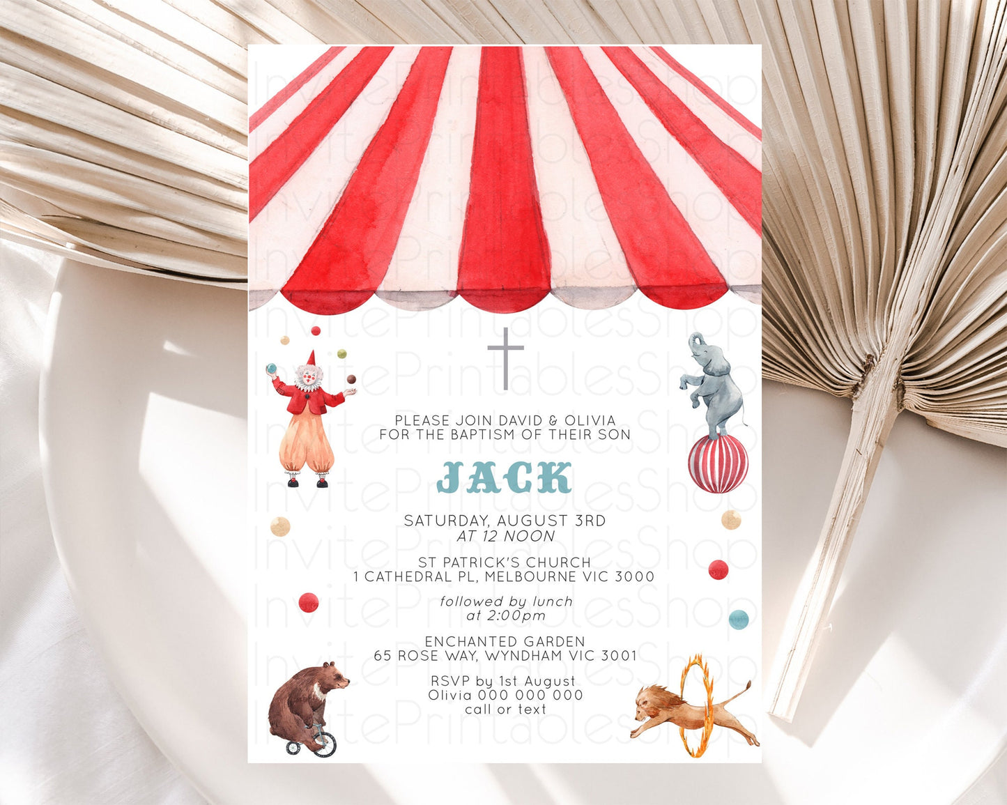 Circus Baptism Invitation Carnival Baptism 1st Birthday Invitation Clown Circus Lion Christening Invitation Circus Tent Elephant D10533