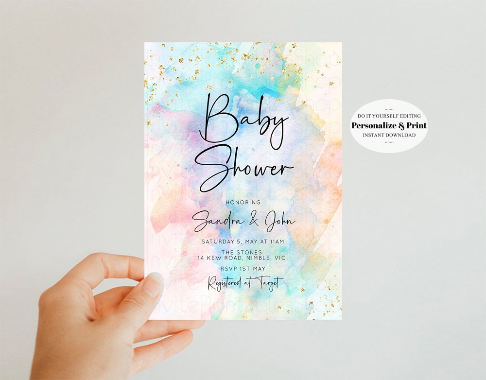 Rainbow Baby Shower Invitation Pastel Watercolor Invitation Colorful Splash Invite Gold Sprinkle Invite Gold Glitter Invite Confetti 276v3