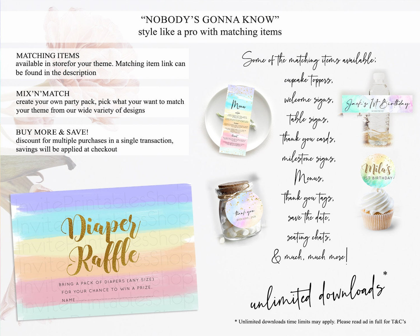 Pastel Diaper Raffle Card Pastel Rainbow Diaper Raffle Insert Colorful Ombre Watercolor Diaper Ticket Confetti Glitter Raffle Game D10510