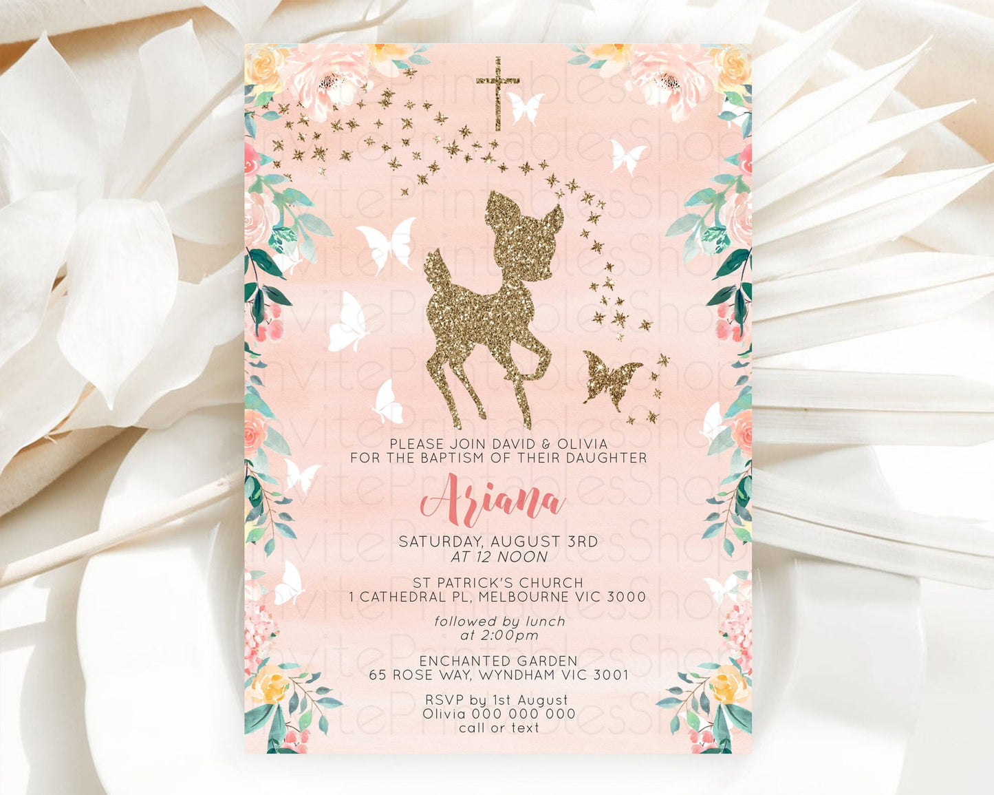 Fawn Baptism Invitation Deer Baptism 1st Birthday Invitation Enchanted Forest Christening Invitation Pastel Garden Butterfly Floral D10873