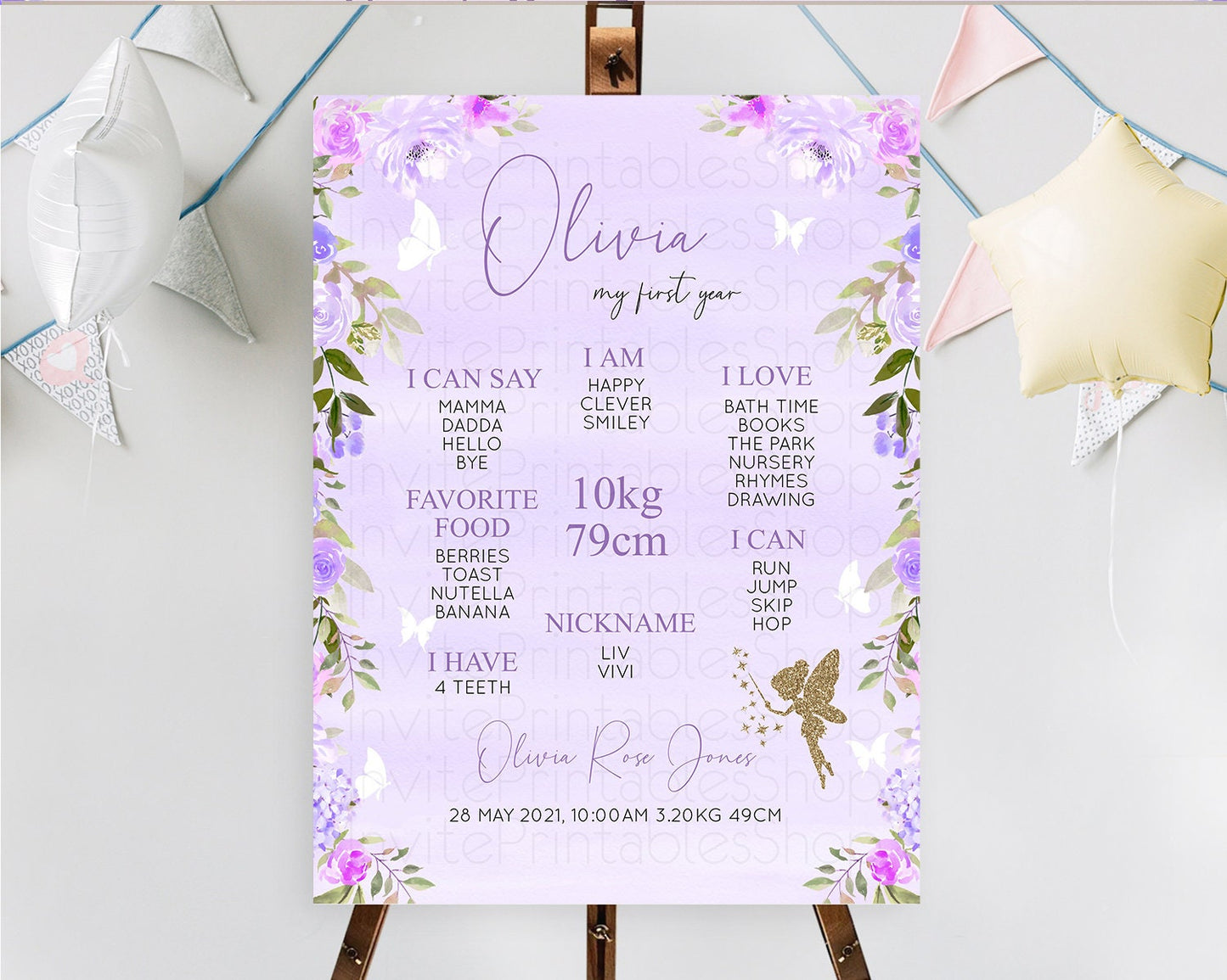 Fairy First Birthday Milestone Poster Fairy Secret Garden Milestone Board Enchanted Garden Pastel Floral Butterfly 1st Birthday Sign D10910