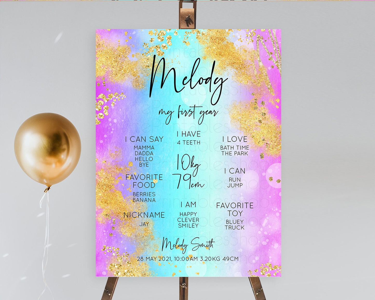 Pastel First Birthday Milestone Board Pastel Rainbow Milestone Poster Colorful Confetti Watercolor Glitter 1st Birthday Welcome Sign D10564