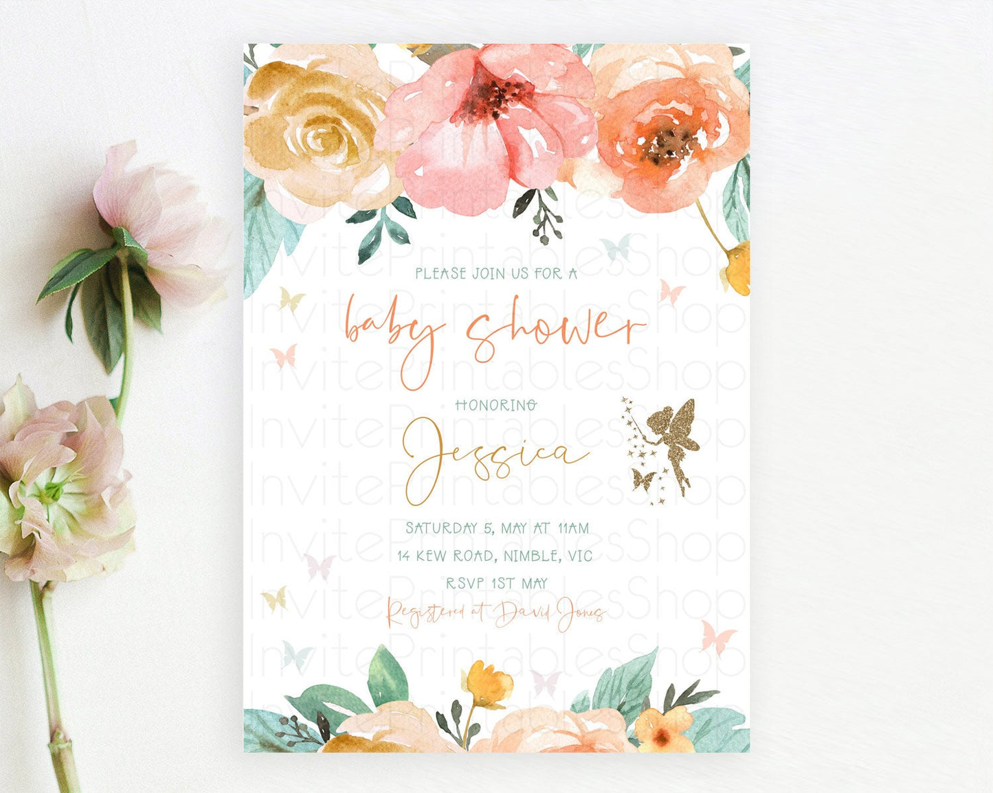 Fairy Baby Shower Invitation Pastel Fairy Invites Fairy Tea Party Fairy Garden Theme Secret Garden Enchanted Garden Floral Butterfly D10346