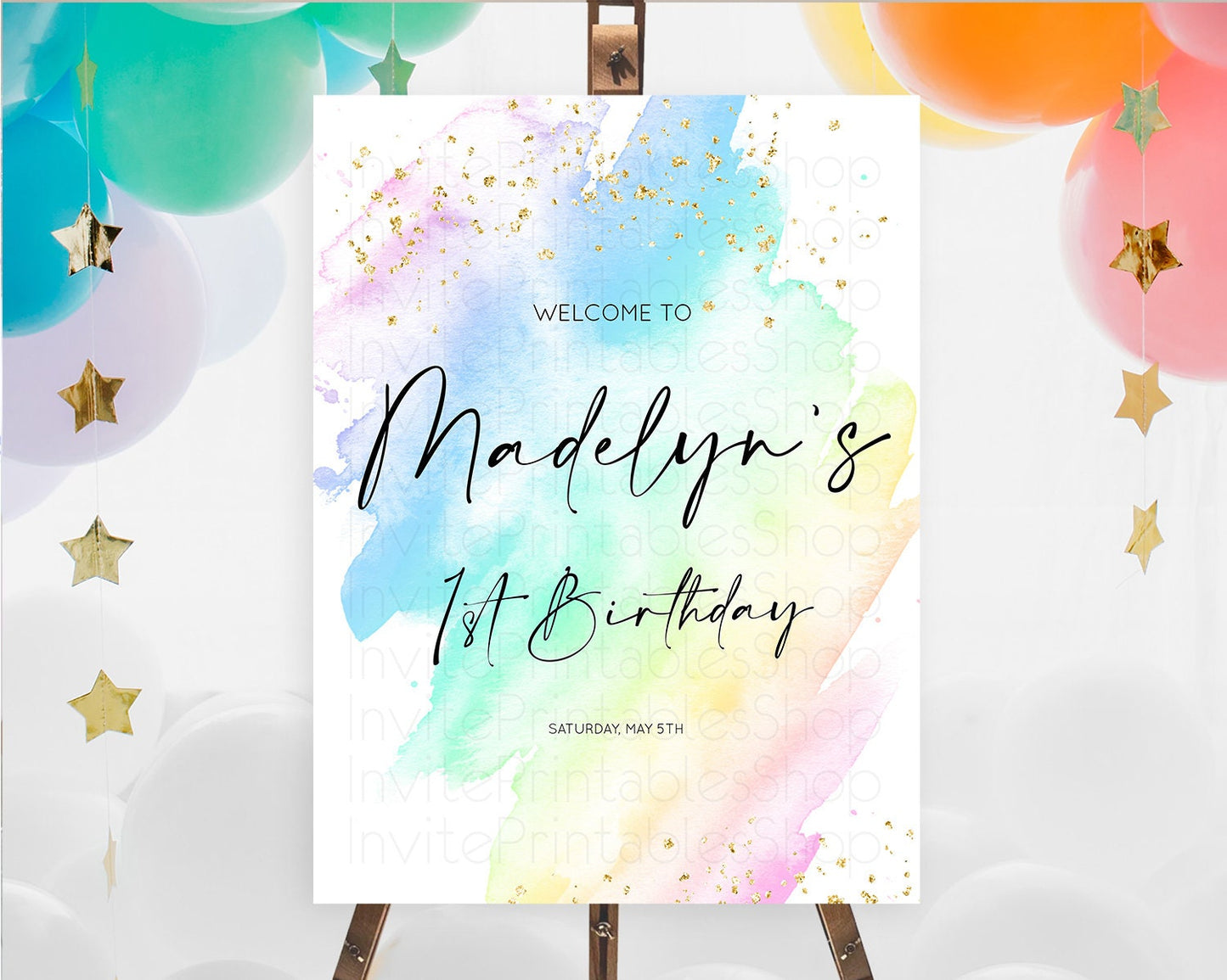 Pastel Welcome Sign Pastel Rainbow Welcome Sign Colorful Rainbow Confetti Watercolor Glitter Pastel First Birthday Welcome Sign D10640