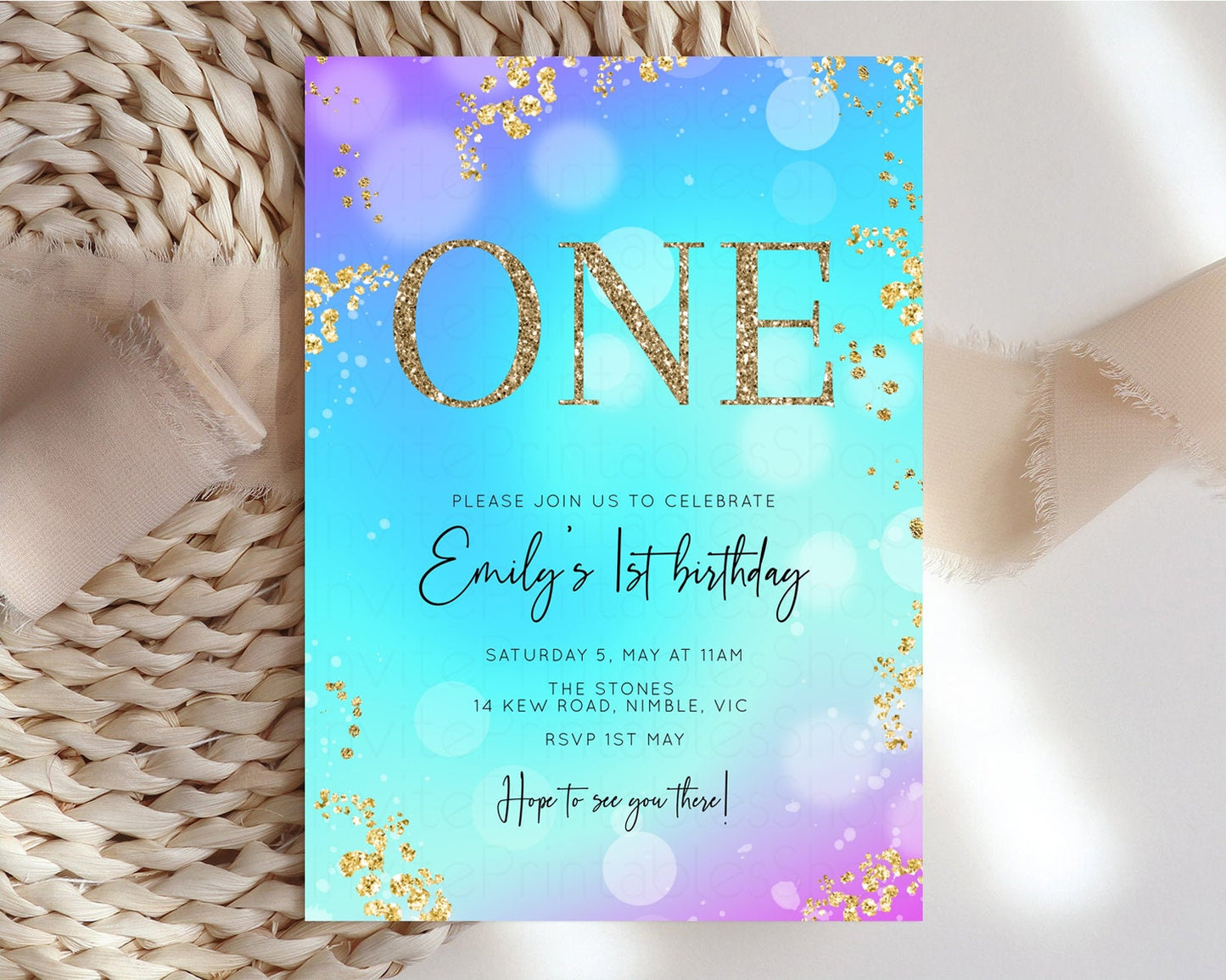 Bright Blue Purple Birthday Invitation Underwater Birthday Invitation Ombre Blue Invite Watercolor Invite Glitter Mermaid Invite 572