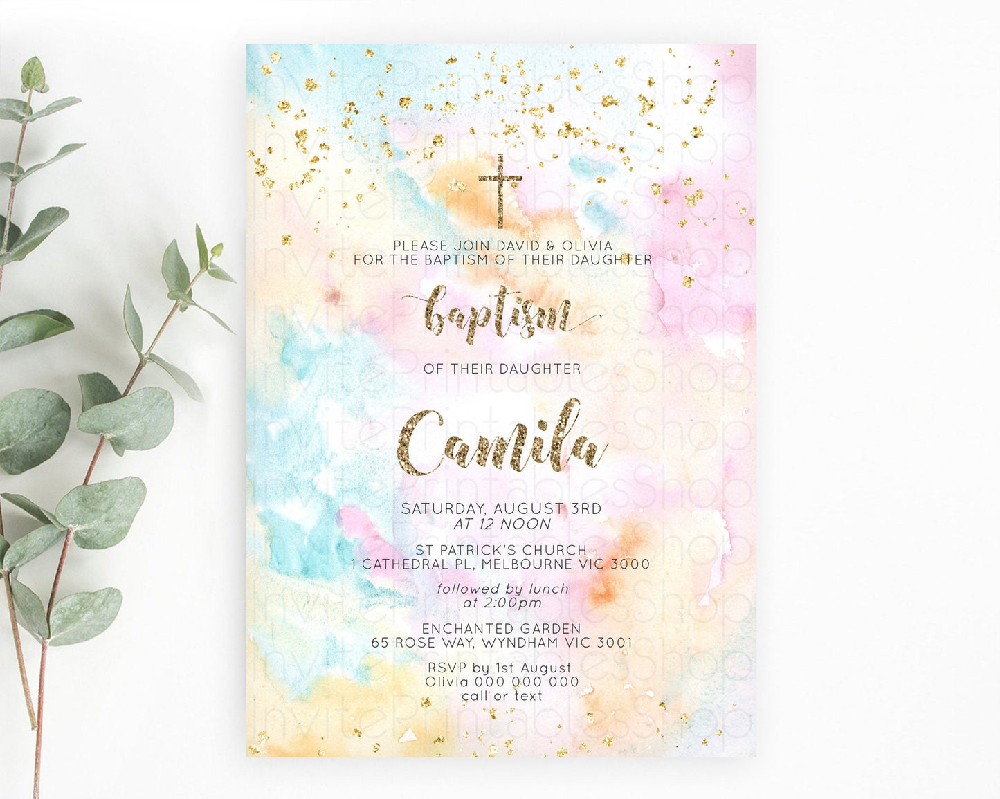 Pastel Baptism Invitation Pastel Colors Watercolor Baptism 1st Birthday Party Gold Ombre Pastel Rainbow Christening Holy Communion D10548