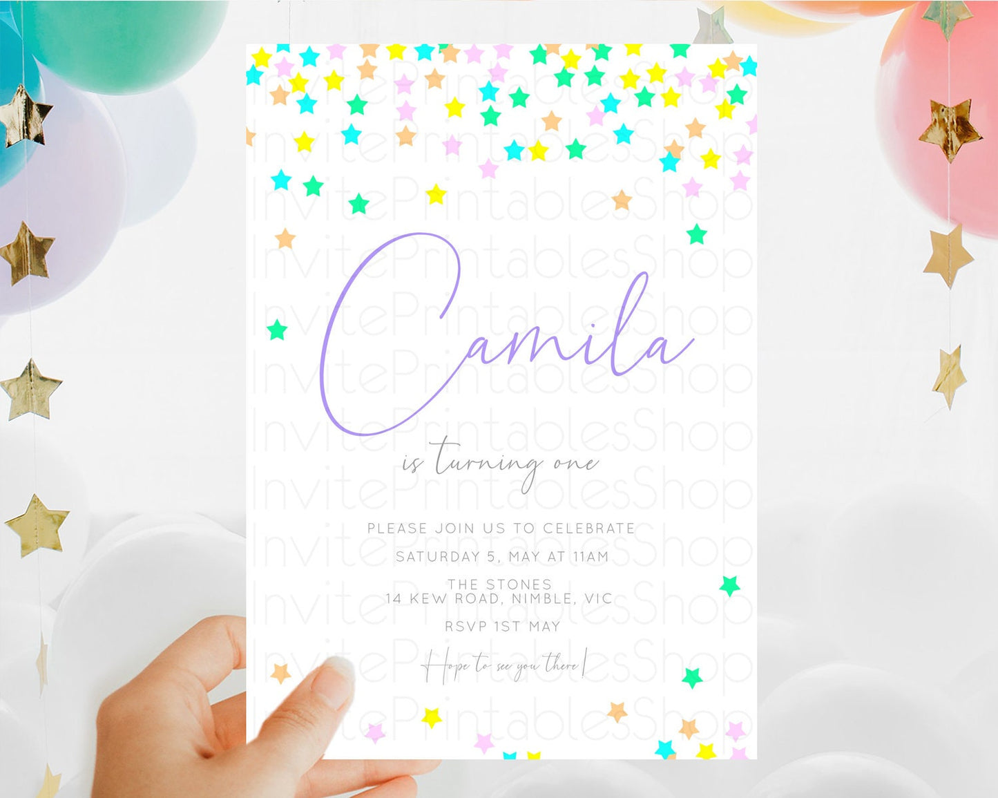 Star Birthday Invitation Pastel Stars Invite Shooting Star Party Rainbow Colorful Confetti Twinkle Little Star 2nd First Birthday D10394