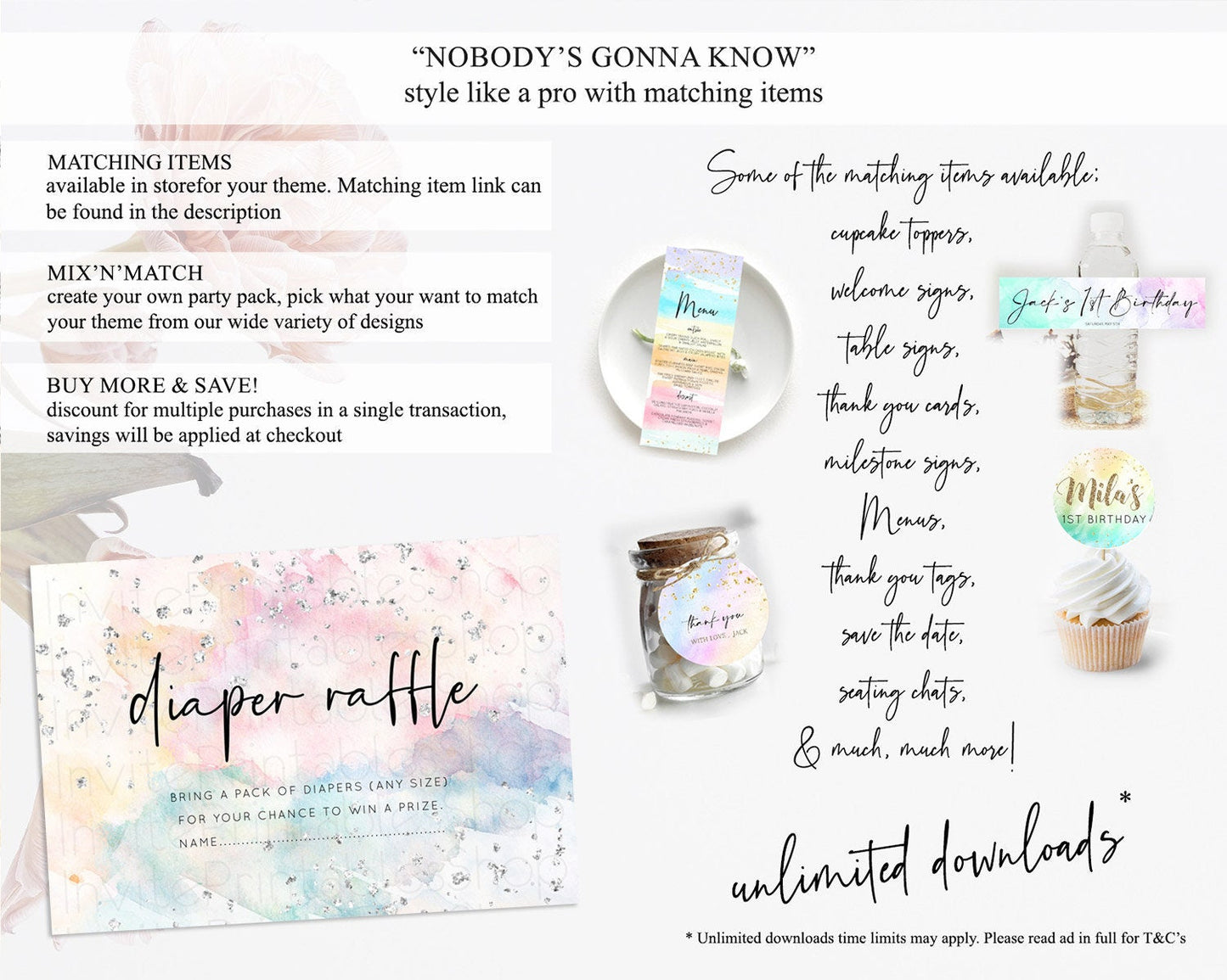 Pastel Rainbow Diaper Raffle Card Pastel Diaper Raffle Insert Pastel Colorful Diaper Ticket Confetti Watercolor Silver Raffle Game D10945