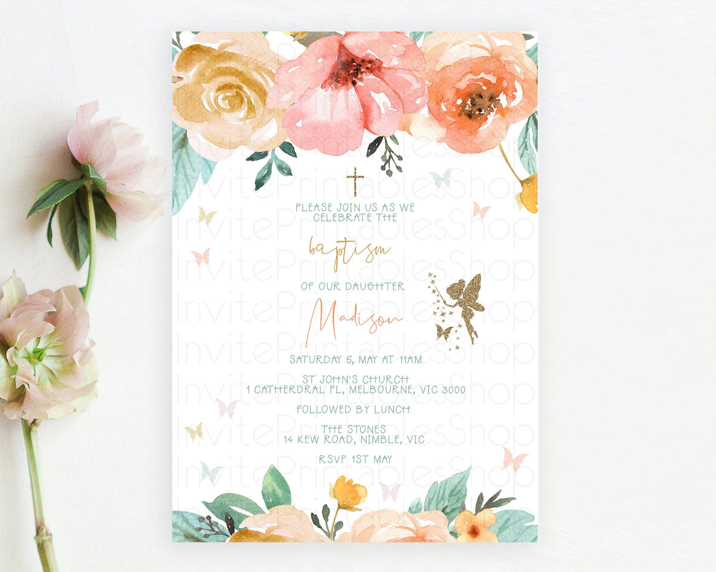 Fairy Baptism Invitation Fairy Baptism 1st Birthday Invitation Enchanted Secret Garden Christening Invite Pastel Floral Butterfly D10346