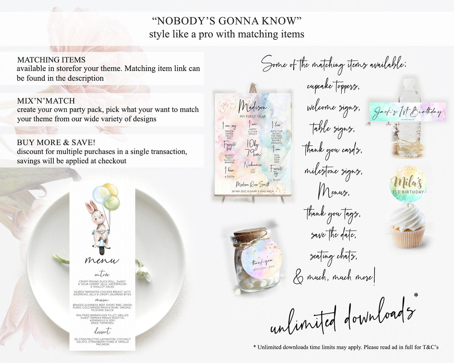 Bunny Menu Bunny Balloon Menu Template Colorful Pastel Confetti Table Decor Sprinkles Bunny Dinner Dessert Menu Party Food Menu D10783